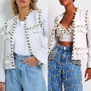 PatBO Pearl Beaded Jacket Tweed Ruffle Cream Off White Embellished Blazer Size S